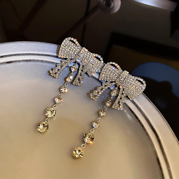Rhinestone Bowknot Earrings Long - Picture 2 of 5